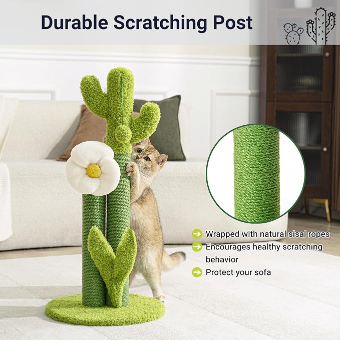 Happi N Pets 33" Tall Cactus Cat Scratching Post for Large Cats, Heavy Duty Double Scratch Posts with Flower & Crinkle Leaves, Cactus Cat Tree with 2 Bonus Toy & Catnip, Green Stable Scratching Post