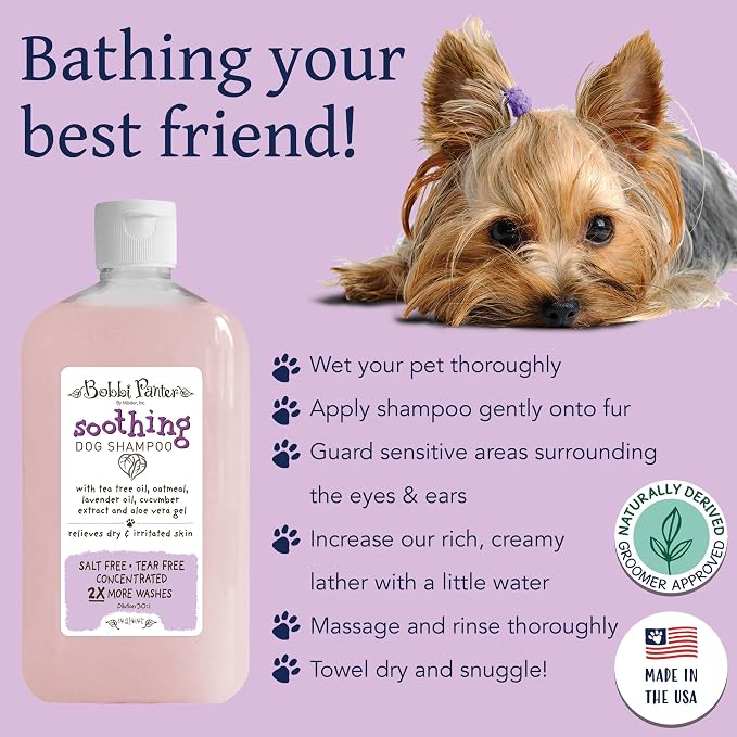 Bobbi Panter Soothing Dog Shampoo Tea Tree, Lavender, Cucumber & Oat Protein – Natural Formula for Sensitive Skin & Irritation Relief, Tear-Free, 30:1 Concentrate, Made in USA, 14 oz