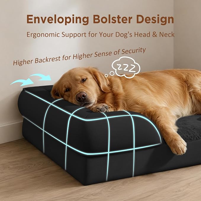 Comfort Expression Orthopedic Dog Bed for Extra Large Dogs with Bolster | Waterproof Dog Couch Bed with Washable Cover & Non-Slip Bottom, Supportive Egg Crate Foam Big Dog Bed, 53x42Inch