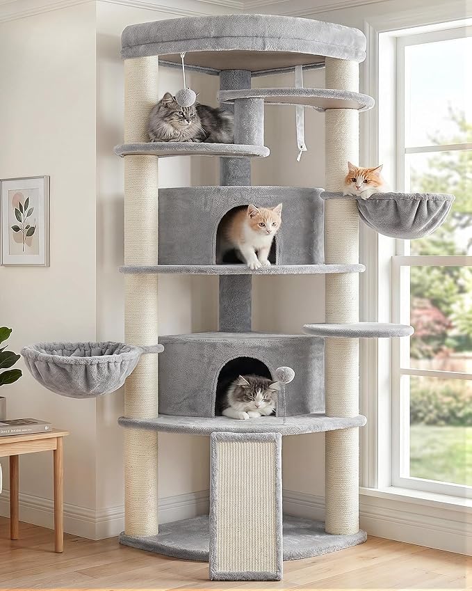 Corner Cat Tree, All Sisal Multi-Cat Scratching Posts GCT035W | 63.8" Cat Tower for Indoor Cats with Cat Condo, 2 Large Cat Caves, Big Top Perch, 2 Hanging Baskets & Sisal Ramp, Light Gray