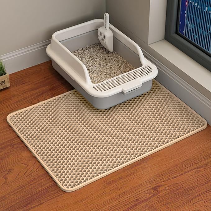 HCY&WLD Cat Litter Mat, Double Layer Cat Litter Box Mat (24x18 Inch, Khaki) | Waterproof Urine-Proof Non-Slip Litter Trapping Mat, Soft on Kitty Paws, Scratch-Resistant, Scatter Control, Easy to Clean