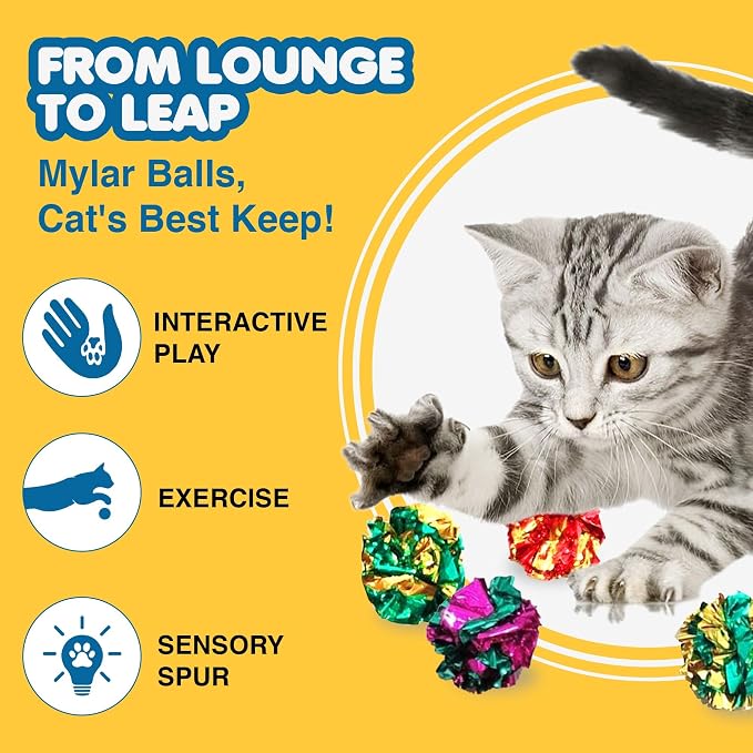 SunGrow Cat Crinkle Balls, Shiny, Mylar Crinkler, Stress-Relief Toy for Kittens, Interactive & Engaging, Keeps Grown-up Cats Active, Encourages Multi-cat Play, Provides Endless Entertainment, 6 Pcs