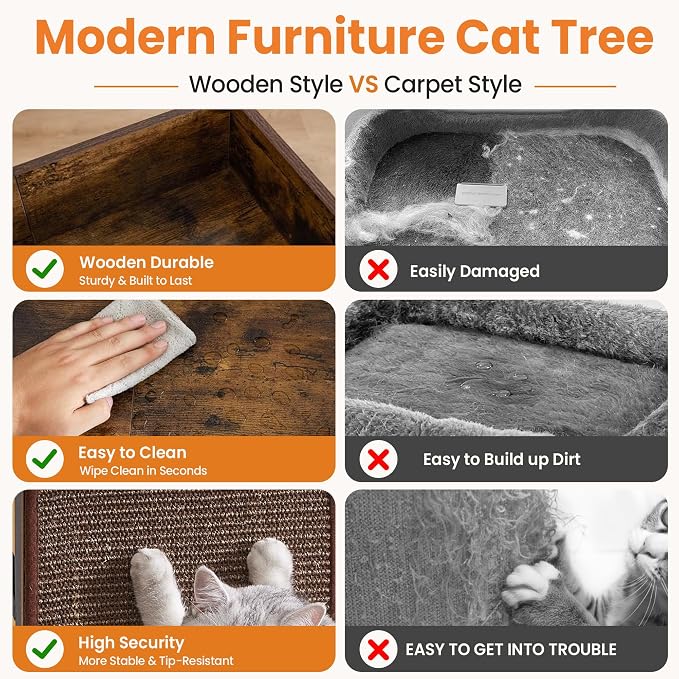 48in Wood Modern Cat Tree for Large Indoor Cats with Big Perch Bed | Multi-Level Climbing Design, Cat Cando, Sisal Scratching Posts and Board, Removable Washable Pads, Stable Rustic Brown