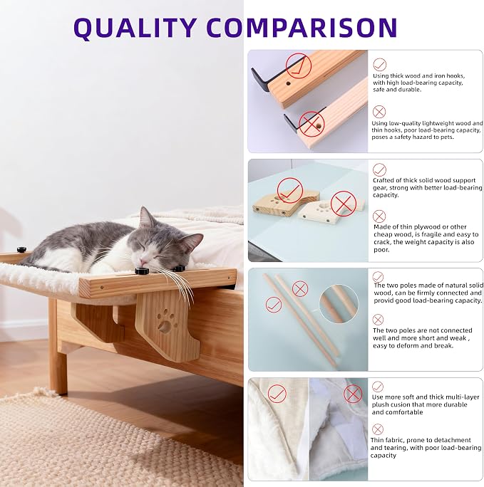 ESPETS Wooden Cat Window Hammock for Large Cats, White Kitten Window Perch | Solid Wood Window Ledge Perch, Sturdy Large Size Shelves, Soft Thick Removable Cushion, Easy Assemble Adjustable, Hold 50LBS