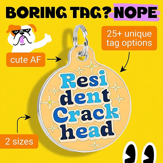 Bad Tags Personalized Dog and Cat ID Tags in 25+ Designs and 2 Sizes - 5 Lines of Custom Engraved Text - Funny Cute Personalized Pet Tags (Resident Crackhead - Orange, Small (1 inch))