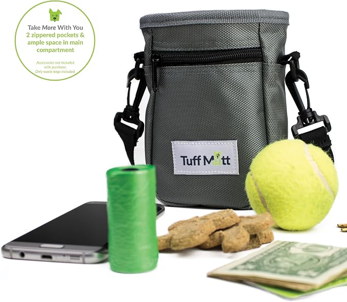 Dog Treat Pouch for Training with Poop Bag Dispenser | Adjustable Waist Belt, Metal Clip, Holds Treats Kibble and Accessories, Includes Pet Waste Bags