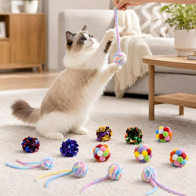 12 Pack 1.7 Inch Cat Toy Balls, Assorted Wool Yarn, Bell & Crinkle Balls for Indoor Cats & Kittens, Interactive Colorful Set
