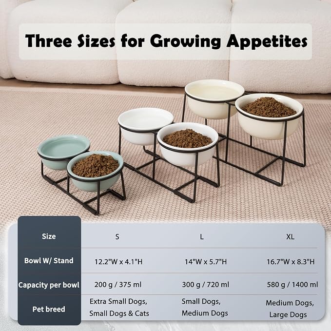Ceramic Elevated Dog Bowl Set - Double Dog Food and Water Bowls with Metal Stand - Raised Pet Dishes for Puppies and Cats - 2 Cups - 12.5 fl oz - Green