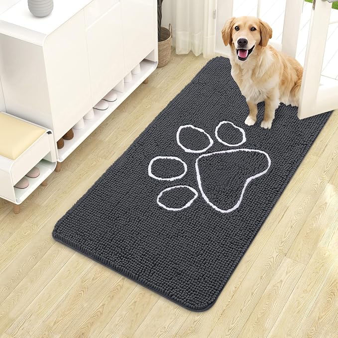 OLANLY Dog Door Mat for Muddy Paws 40x24, Paw Print Design Chenille Mud Mat | Dark Grey, Absorbent, Traps Moisture and Dirt, Non-Slip Washable Doormat, Quick-Drying Indoor Entryway Floor Carpet for Dogs