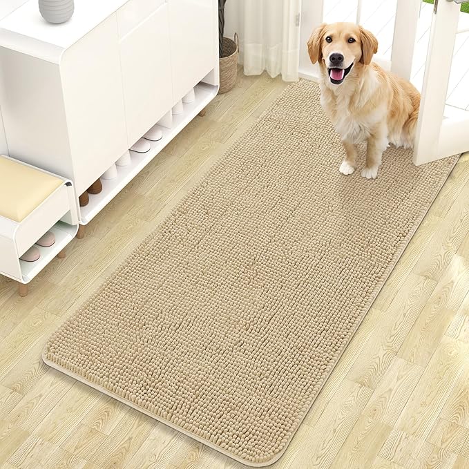OLANLY Dog Door Mat for Muddy Paws 47x24, Super Absorbent Chenille Mud Mat | Beige, Absorbs Moisture and Dirt, Non-Slip Machine Washable Doormat, Quick-Drying Indoor Entryway Floor Carpet for Dogs