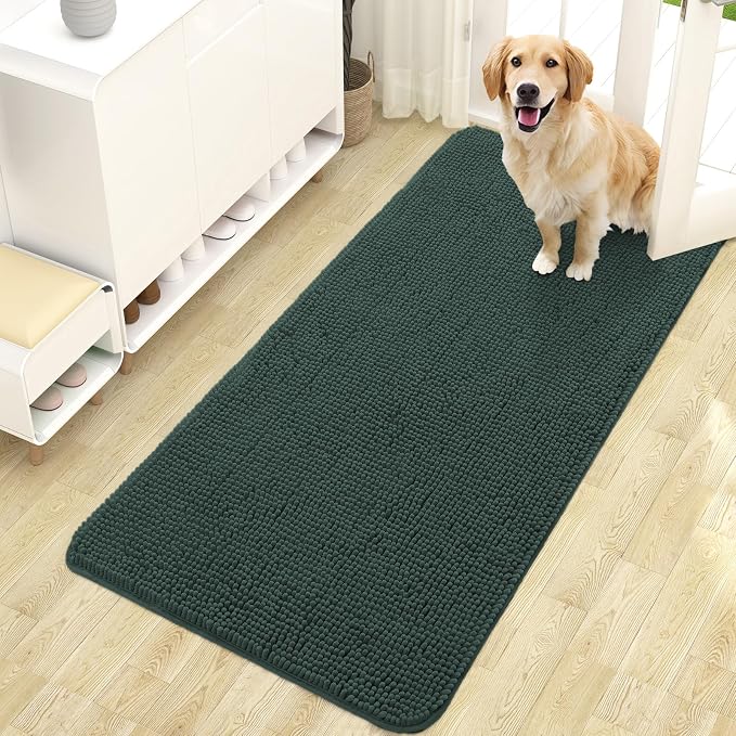 OLANLY Dog Door Mat for Muddy Paws 47x24, Super Absorbent Chenille Mud Mat | Blackish Green, Absorbs Moisture and Dirt, Non-Slip Machine Washable Doormat, Quick-Dry Indoor Entryway Floor Carpet for Dogs