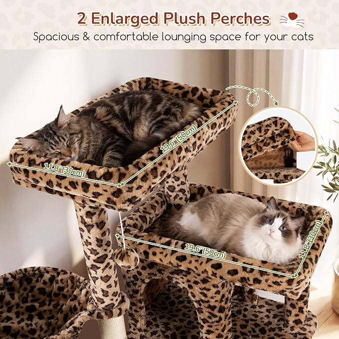 Globlazer 80in Extra Large Leopard Cat Tree Tower, S80G, Leopard Print | Multi-Level Cat Condo For Multiple Indoor Cats Large Adult Kittens, Scratching Posts, Widened Perches, Adjustable Baskets