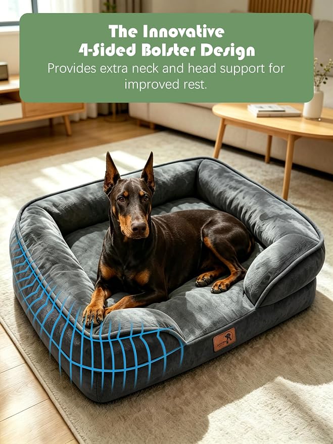 Spotted Play Orthopedic Dog Bed with Sides - Sofa Beds for Extra Large Dogs, Supportive Foam Pet Couch Bed with Washable Removable Cover, Waterproof Lining and Non-Slip Bottom, Dark Grey - XL-Plus