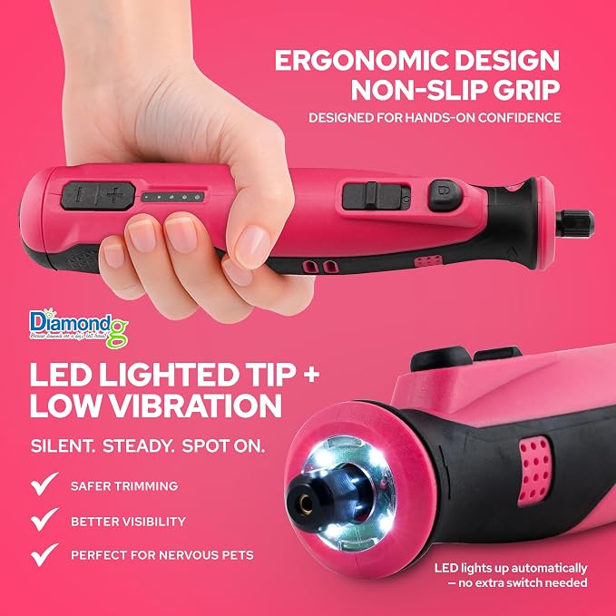 Diamondg Cordless Dog Nail Grinder - Quiet Sound with LED Light, Pink | 5-Speed Rechargeable Pet Nail Trimmer for Small & Large Dogs, USB-C Charging, 4hrs. Runtime, Painless, 2 Bits Included