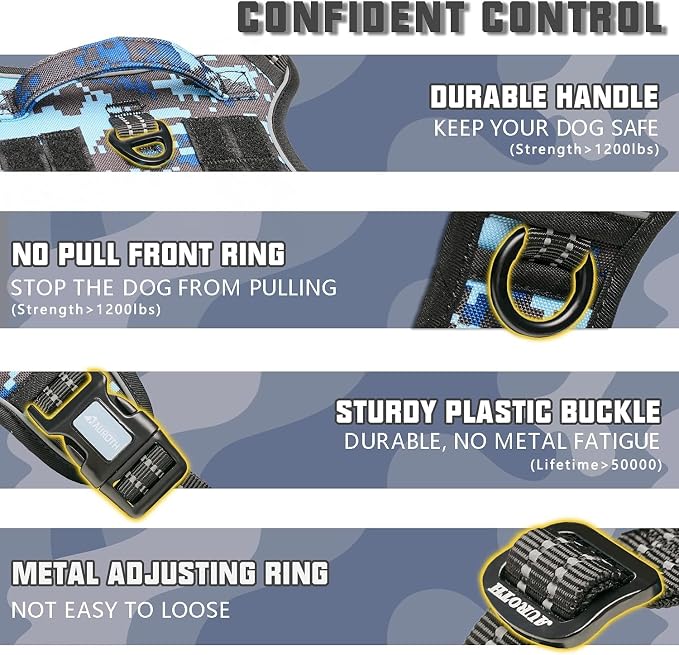 Auroth Tactical Dog Training Harness No Pulling Front Clip Leash Adhesion Reflective K9 Pet Working Vest Easy Control for Small Medium Large Dogs Blue Camo XL