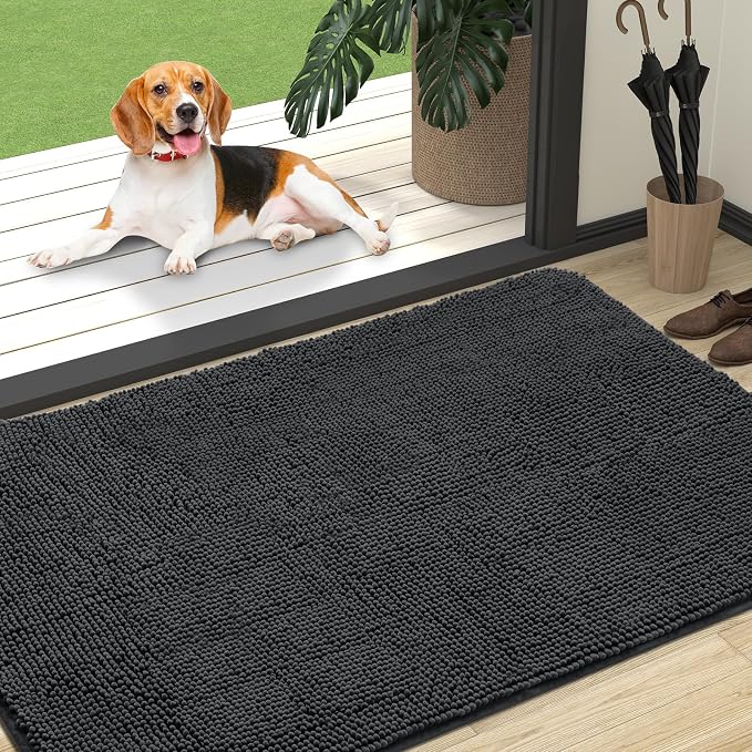 OLANLY Dog Door Mat for Muddy Paws 47x32, Super Absorbent Chenille Mud Mat | Dark Grey, Absorbs Moisture and Dirt, Non-Slip Machine Washable Doormat, Quick-Drying Indoor Entryway Floor Carpet for Dogs