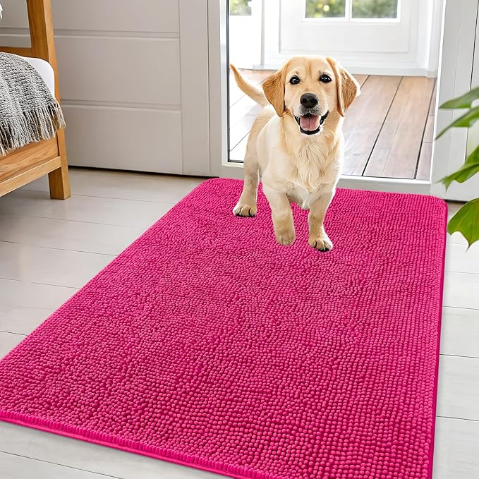 OLANLY Dog Door Mat for Muddy Paws 44x32, Super Absorbent Chenille Mud Mat | Hot Pink, Absorbs Moisture and Dirt, Non-Slip Machine Washable Doormat, Quick-Drying Indoor Entryway Floor Carpet for Dogs