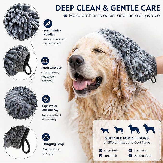 Super Absorbent Dog Dry Bath Gloves, Chenille Microfiber Pet Dirty Dogs Grooming Glove, Suitable for All Dog Breeds, For Wiping Wet Paws and Bodies, Machine Washable 2 Pack