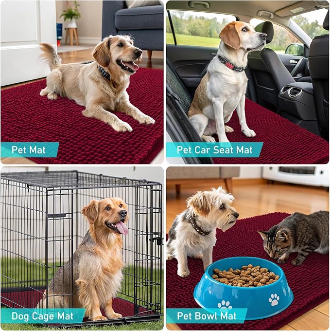 OLANLY Dog Door Mat for Muddy Paws 34x21, Super Absorbent Chenille Mud Mat | Burgundy, Absorbs Moisture and Dirt, Non-Slip Machine Washable Doormat, Quick-Drying Indoor Entryway Floor Carpet for Dogs