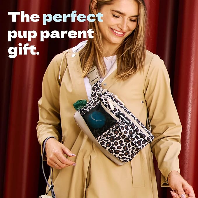 Walk & Train 2-in-1 Dog Walking Bag - Hands-Free Training Crossbody Sling & Fanny Pack with Treat Pouch, Poop Bag Holder, Phone Pockets - Adjustable Waist or Shoulder Strap - Leopard