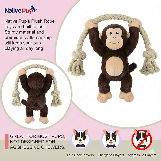Native Pup Dog Toy Rope and Plush Stuffed Squeaker, Tug of War Toys for Dogs, Puppy Welcome Home Add on for Pets (Monkey)
