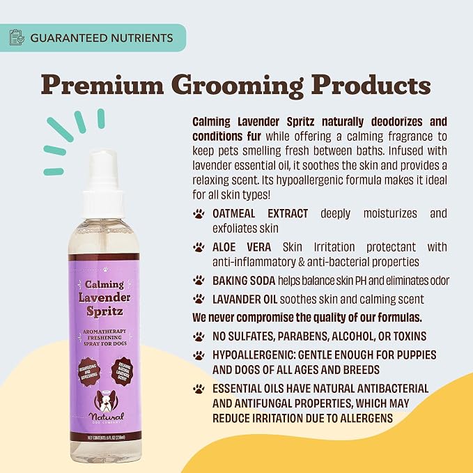 Natural Dog Company Lavender Calming Spray for Dogs - 8 oz Sprizt – Hypoallergenic Dog Deodorizing Spray with Aloe & Oatmeal – Refreshes Coat, Soothes Sensitive Skin – No Artificial Fragrance