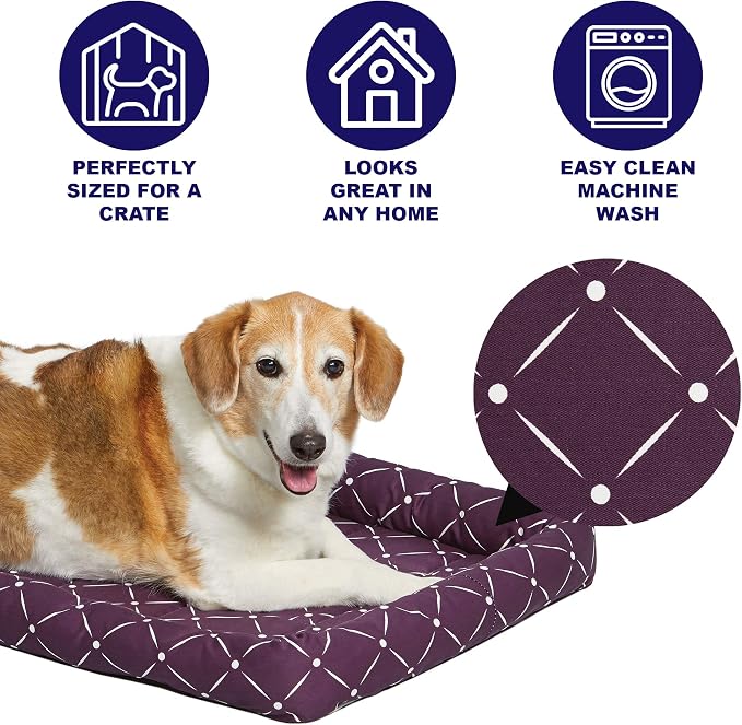 MidWest Homes for Pets 40222-PLD Quiet Time Couture Ashton Bolster Pet Bed, Small Dog/22, Plum & White Diamond Pattern