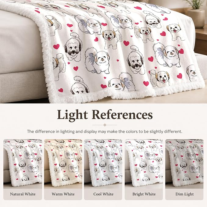 BlessLiving Shih Tzu White Throw Blanket with Dense Dog Patterns Sherpa Fleece Blanket Couch Bed, Soft Cozy Warm Pet Blankets for Puppy Lovers Cute Snowball Animal Print Gift 60x80 Inches