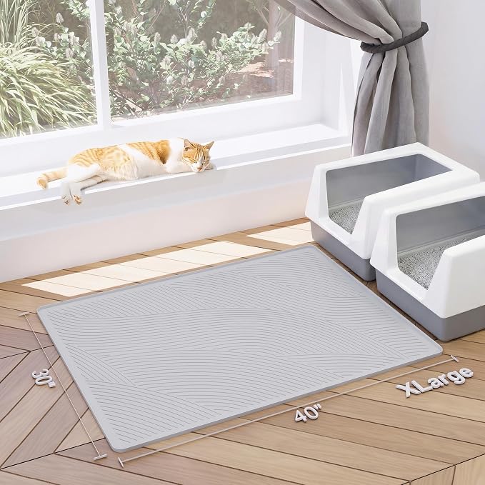 Cat Litter Box Mat - XL Extra Large Size 40 x 30 in, Water Proof, Kitty Litter Trapping Mat, Easy to Clean, Scatter Control, Odorless, Pet Supplies for Indoor Cats, Light Gray