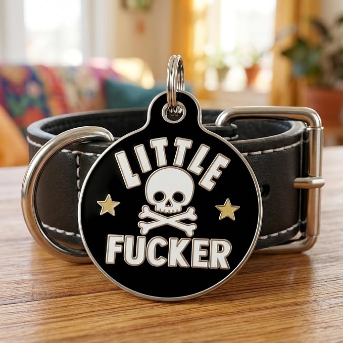 Bad Tags Personalized Dog and Cat ID Tags in 25+ Designs and 2 Sizes - 5 Lines of Custom Engraved Text - Funny Cute Personalized Pet Tags (Little F*cker, Small (1 inch))