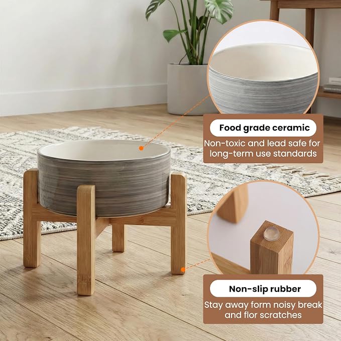 hjn Elevated Ceramic Dog Bowl with Bamboo Stand, Raised Pet Feeding Station for Small Medium Dogs Cats, Modern Design with Anti-Slip Base (White Gray, 7.6Cup)