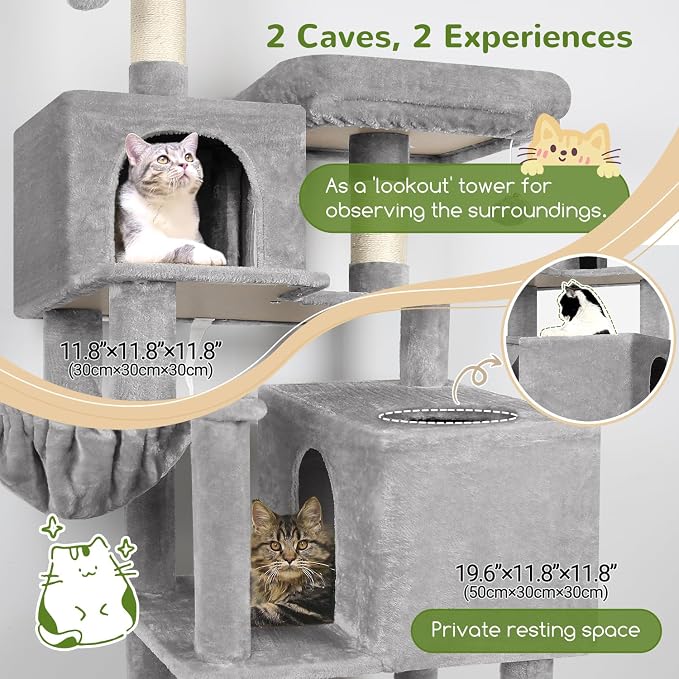 Globlazer Extra Tall Cat Tree Tower for Indoor Cats, 76in, F76, Light Grey | Multi-Level Cat Furniture with Cozy Condos,Hammock and Perches for Large Adult Cats, Perfect for Climbing, Scratching