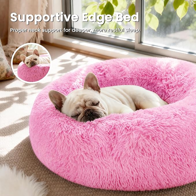 Love's cabin Calming Cat Bed for Indoor Cats, Anti-Anxiety Donut Round Dog Bed, Fluffy Faux Fur Washable Pet Bed for Small Medium Dogs and Cats, Pink, 20in