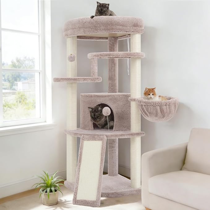 Corner Cat Tree Tower with All Sisal Scratching Posts GCT025MU | 44.1" Cat Furniture with Multi-level Cat Condo, Cat Cave, Hanging Basket, Sisal Scratching Ramp for Indoor Cats, Muchroom