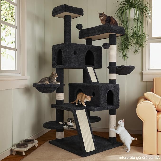 MUTICOR 66 Inches Multi-Level Large Cat Tree Tower for Indoor Big Feline/Cozy Plush Perches/Condo/Sisal Scratching Posts/Hammock and Baskets/Activity Center Play House/Wide Base/Dark Grey