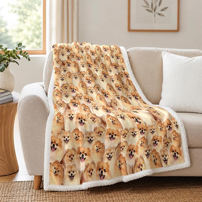 BlessLiving Pomeranian Golden Throw Blanket with Dense Dog Patterns Sherpa Fleece Blanket Couch Bed, Soft Cozy Warm Pet Blankets for Puppy Lovers Cute Animal Print Gift 60x80 Inches