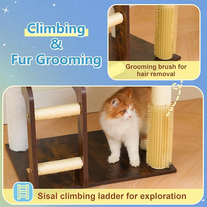 Hey-brother Wooden Cat Tree, Furniture Tower with Large Platforms, MPJ121SR | 69.7 inch, Modern Full Sisal Scratching Posts, Hammocks, Spacious Condo, Ladder, Brush, Water Proof Surface, Rustic Brown