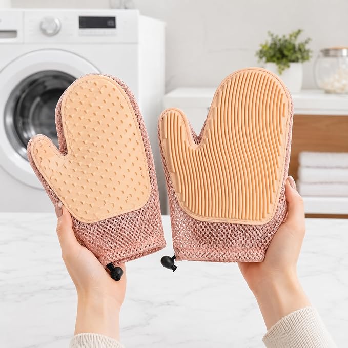 Pet Hair Remover Glove for Dogs & Cats, 2-in-1 Pet Glove Brush Pink | Anti-Bite Mesh Design, Adjustable Wrist Strap, for Bathing & Grooming, Reusable Washable for Long/Short/Curly Hair Pets