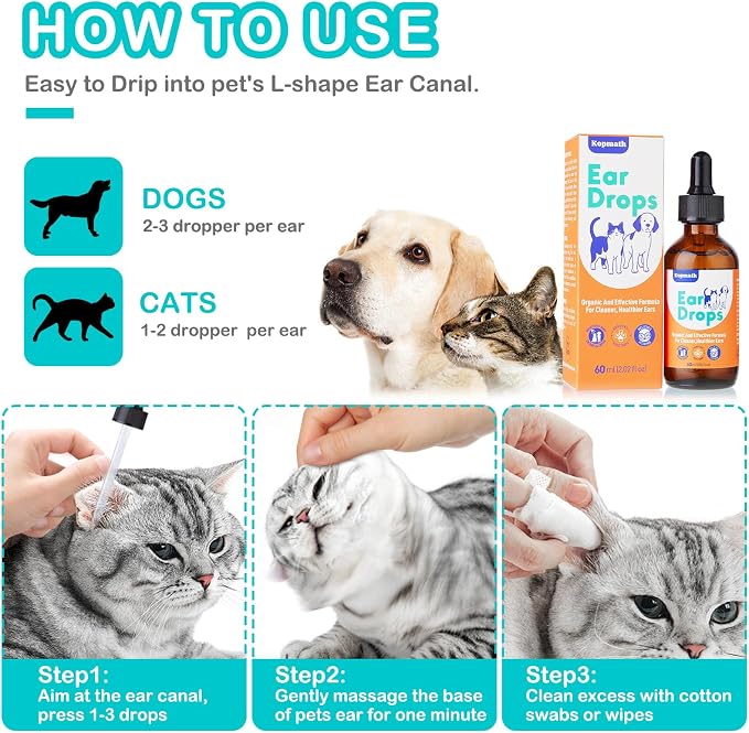 Dog Ear Drops, Dog Ear Cleaner Drops, Ear Infection Treatment for Dogs and Cats, Natural Herbal Ear Cleaning Solution for Dirty,Itchy,Smelly,Inflammed Pet Ears, 2 oz with Dropper