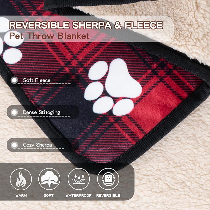 Waterproof Dog Blankets Pet Blanket 60"x80", Soft Fluffy Sofa Car Bed Protector, Reversible Sherpa Fleece Dog Blanket for Large Dogs Christmas Decor(Paw Red)