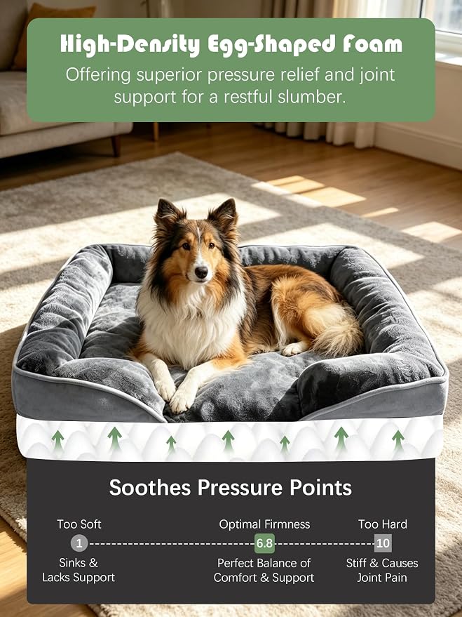 Spotted Play Orthopedic Dog Bed with Sides - Dog Sofa Beds for Large Dogs, Supportive Foam Pet Couch Bed with Washable Removable Cover, Waterproof Lining and Non-Slip Bottom, Grey - L-Plus