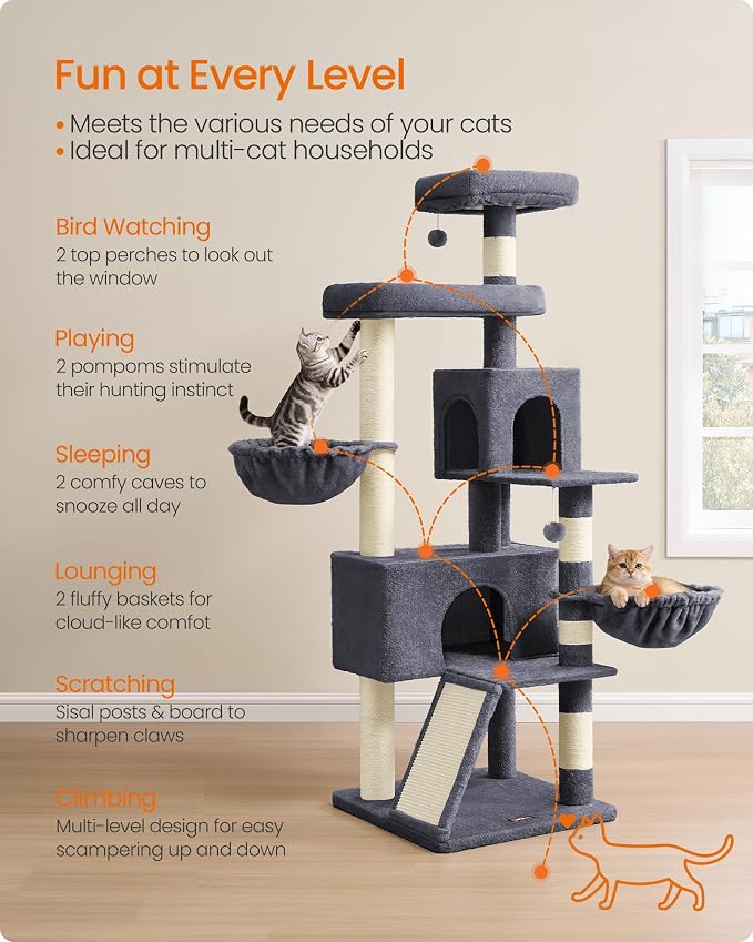 Feandrea Cat Tree, 68.5-Inch Tall Cat Tower, Multi-Level Plush Condo with Large Perch, Scratching Posts, Double Caves, Dark Gray UPCT006G02