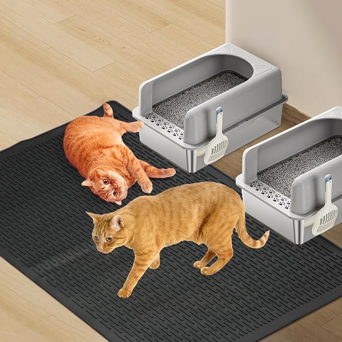 Cat Litter Mat, 39x27in Litter Box Mat Fits 1-2 Litter Boxes, Black | Large Litter Trapping Mat, Rubber Cat Mat with Raised Edges & Textured Surface, Non-Slip Bottom, Washable Easy Clean