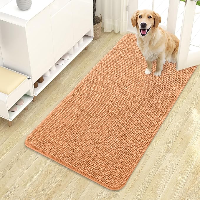 OLANLY Dog Door Mat for Muddy Paws 44x24, Super Absorbent Chenille Mud Mat | Orange, Absorbs Moisture and Dirt, Non-Slip Machine Washable Doormat, Quick-Drying Indoor Entryway Floor Carpet for Dogs