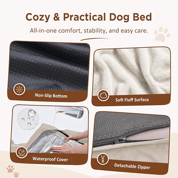 Comfort Expression Orthopedic Dog Bed for Extra Large Dogs with Bolster | Waterproof Dog Couch Bed with Washable Cover & Non-Slip Bottom, Supportive Egg Crate Foam Big Dog Bed, 53x42Inch