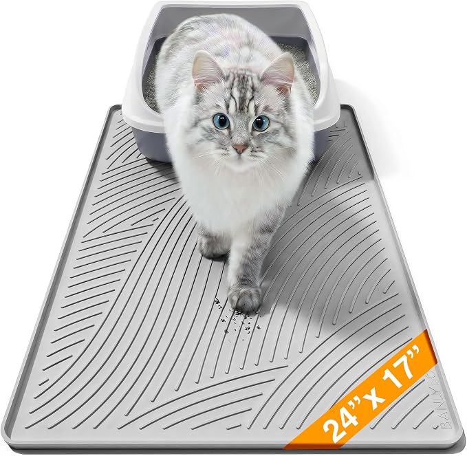 Cat Litter Box Mat - SM Small Medium Size 24 x 17 in, Water Proof, Kitty Litter Trapping Mat, Easy to Clean, Scatter Control, Odorless, Pet Supplies for Indoor Cats, Light Gray