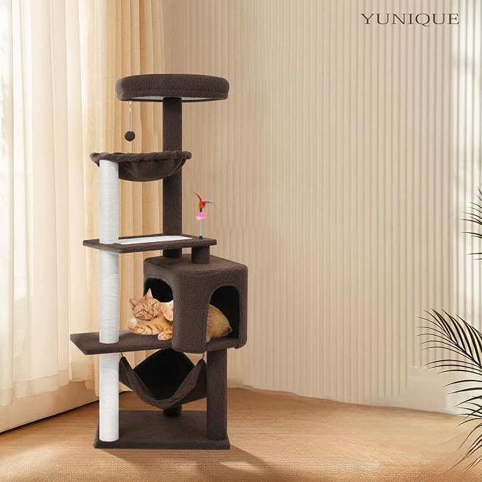 YUNIQUE Cat Tree with Cat Condo Scratch Posts Scratch Tablet and Big Hammock, (60.2‘’ Coffee)