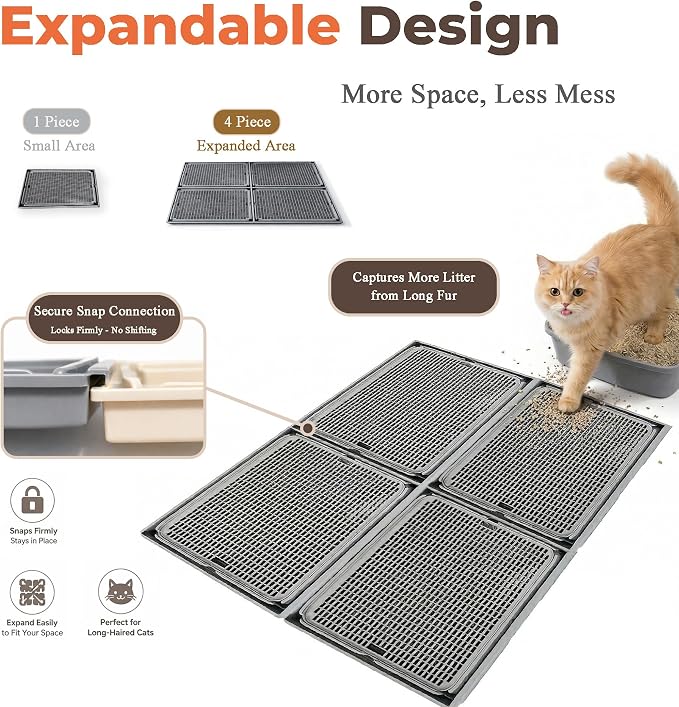 Connectable Cat Litter Mat for Litter Box, 2 Panels | Expandable Coverage | Less Litter Tracking | Easy Rinse Cleanup | Pour-Back Litter | Helps Reduce Shifting
