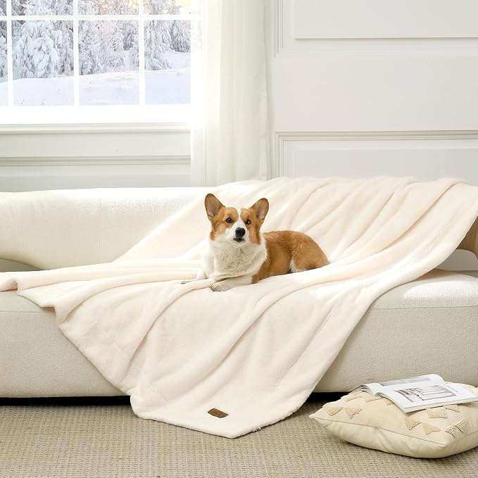 COZY KISS Waterproof Pet Blanket, Ultra Soft Luxury Faux Fur Throw Blanket for Couch, Cozy Warm Plush Blanket for Sofa Bedroom Living Room, Liquid Pee Proof for Large Dog or Cat, 40x60 inch, Cream