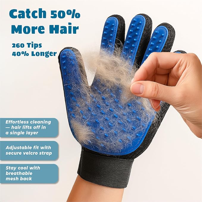 Pet Grooming Gloves – Efficient Dog & Cat Grooming Gloves 2-in-1 Deshedding Glove & Massage Mitt for Bathing, Washing & Shedding, Safe for Short/Long Hair – 2pcs (Blue)
